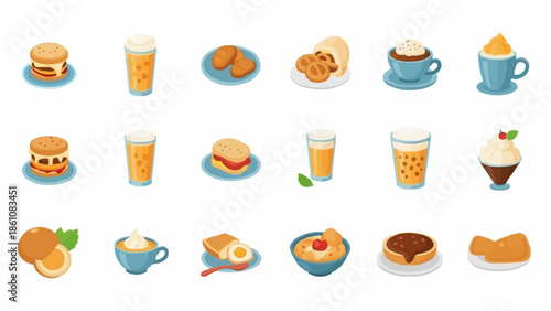 Collection of delicious food and drink items in isometric style.