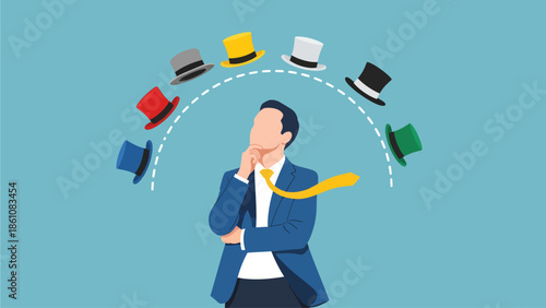 A businessman in a blue suit and yellow tie is thinking deeply, hand on his chin, while contemplating an arc of seven different colored top hats floating above his head against a light blue background