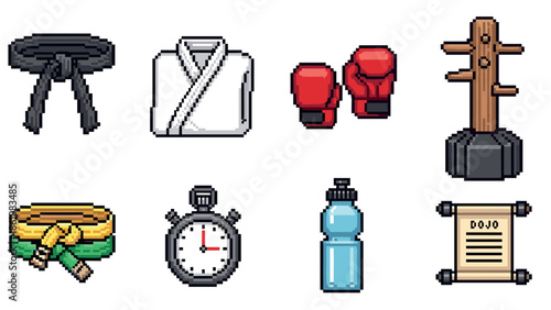 Pixel art martial arts essentials: black belt, uniform, gloves, and training equipment set