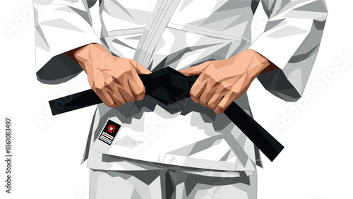 Karate enthusiast tying black belt in geometric style martial arts uniform