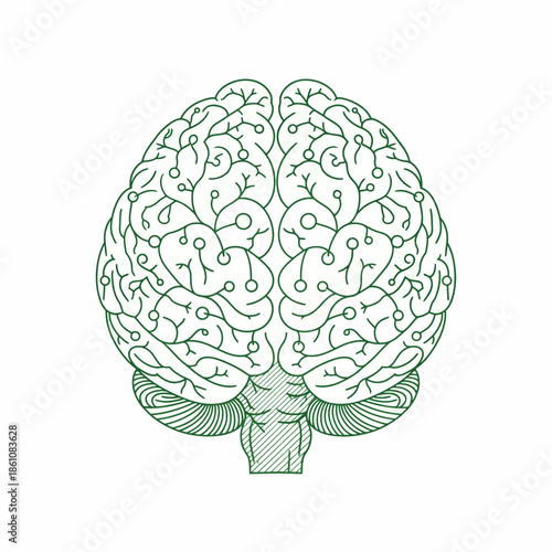Stylized illustration of a human brain with circuit board lines