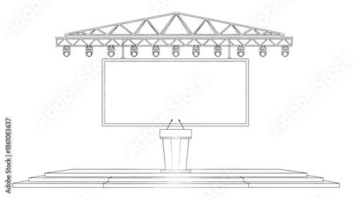 Minimalist line drawing of an event stage setup with a large screen, podium, and lighting system