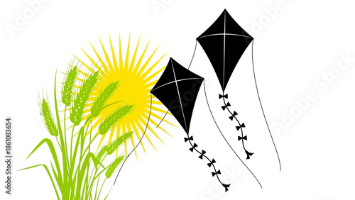 Bright sun, green wheat, and black kites flying high, celebrating a vibrant harvest