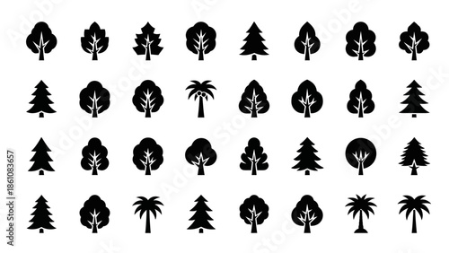 A diverse collection of minimalist black tree icons for various forest and tropical species