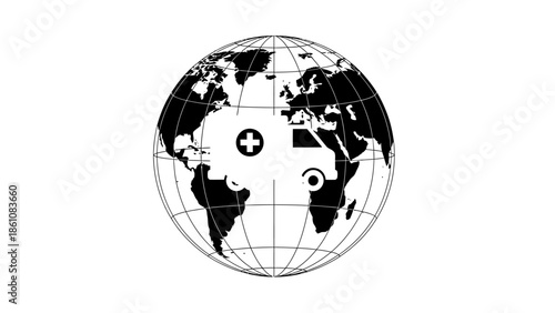 Global medical aid and healthcare services depicted on a world map with medical symbols
