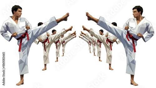 Polygon karate masters display high kicks in uniform symmetry