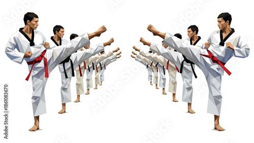 Geometric martial arts: synchronized taekwondo kicks in low poly style