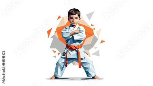 Young martial artist in geometric low poly style with modern abstract background