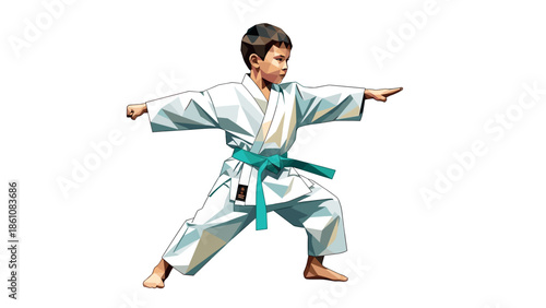Low poly karate kid in white gi practicing martial arts pose