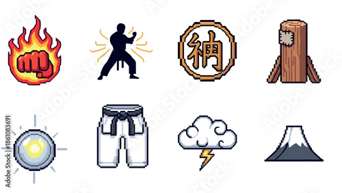 Pixel art martial arts icons with karate gi, punch, wooden dummy, and symbolic elements