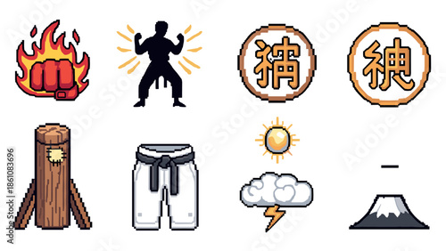Retro martial arts icons set with karate, fire fist, and japanese symbols in pixel art style