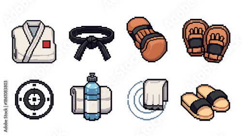 Martial arts essentials pixel art collection: icon set of gear and accessories