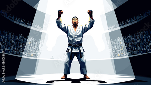 Triumphant martial artist standing in arena with spotlight