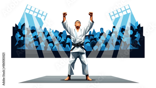 Martial artist celebrates victory in low poly style arena with dramatic lighting