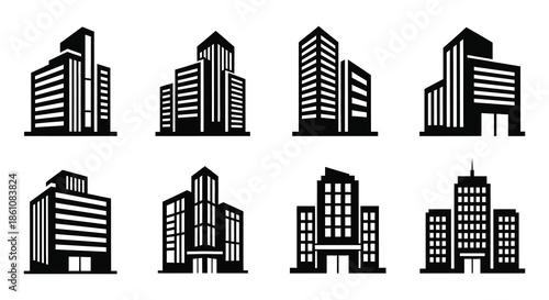 A collection of modern urban architecture represented in stark black and white silhouette