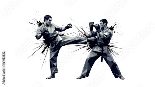 Dynamic low poly martial arts fighters in action with geometric splash effects