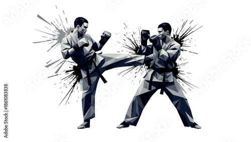 Dynamic geometric martial arts scene with fighters in action pose