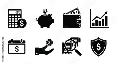 Financial icons depicting money savings analysis and investment opportunities a dark silhouette