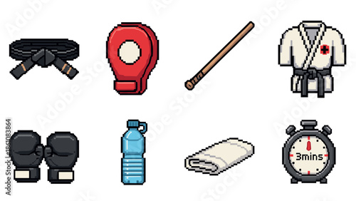 Pixel art martial arts equipment set: belt, pads, staff, gi, gloves, timer