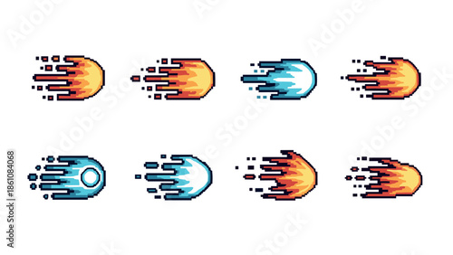 Pixel art comet collection with diverse colors and dynamic motion effects