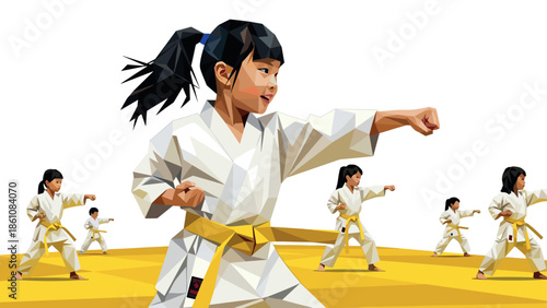 Geometric style girl practicing martial arts with yellow belt
