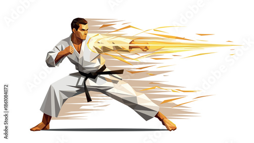 Dynamic martial artist punch with energy burst in geometric style