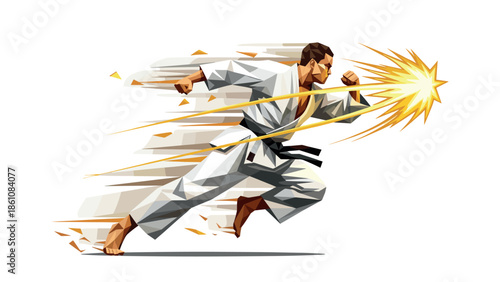 Dynamic martial artist in low poly design delivering a powerful punch