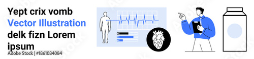 Healthcare, diagnostics, heart monitoring, digital analytics, medical technology, research . ECG graph, a heart icon a doctor holding a clipboard and a medical box. Healthcare and diagnostics