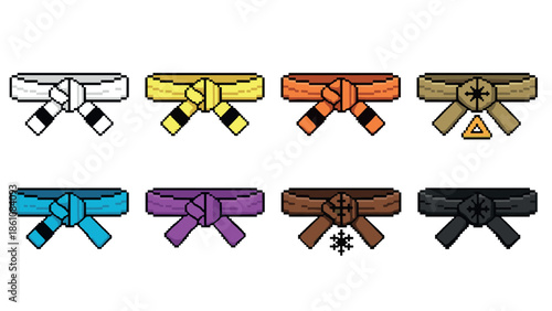 Pixel art martial arts belts set with symbols in bold colors