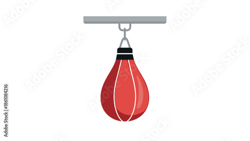 Red punching bag hanging from ceiling for boxing training in flat design