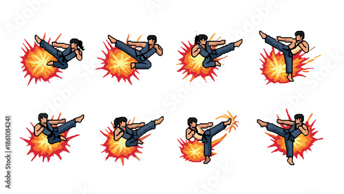 Martial arts action animations: dynamic kicks and explosive moves