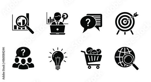 A collection of black icons representing business concepts analysis and strategy silhouette