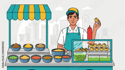 Street food vendor in a colorful kiosk, a vibrant vector illustration with delicious snacks