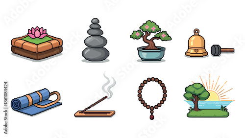 Zen icons collection: meditation, yoga, and serenity with calm nature