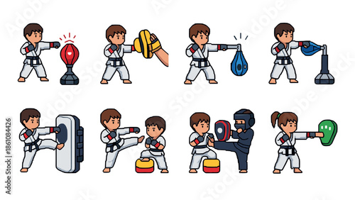 Martial arts training with equipment and sparring in cartoon style