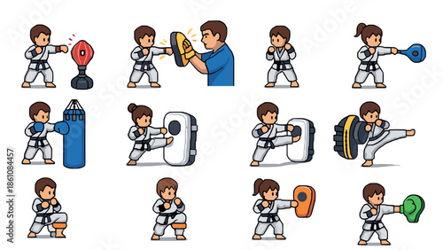 Cartoon martial arts training with comedic characters in various poses and gear