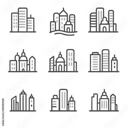 Houston skyline vector features nine unique city skyline icons in a grid, ideal for houstonthemed designs and promotional materials. Suitable for travel websites and brochures.