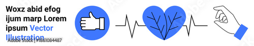 Healthcare, communication, relationships, wellness, teamwork, technology connection. Heart with branches, hand gestures and ECG line. Healthcare and communication visually