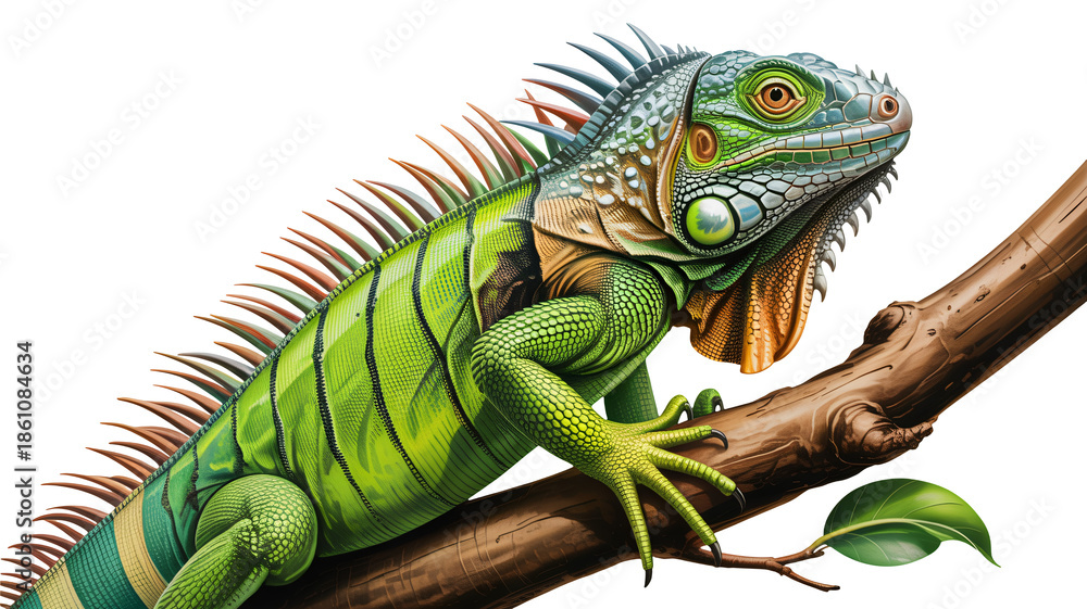 Fototapeta premium Green Iguana on Branch in Vibrant Colorful Illustration with Detailed Texture for Wildlife Education