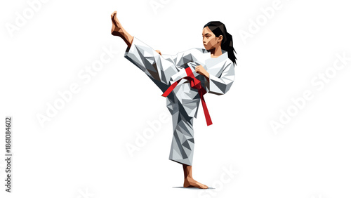 Geometric martial artist in high kick pose with red belt on white background
