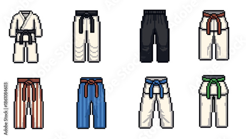 Pixel art martial arts outfits and belts in various colors and styles