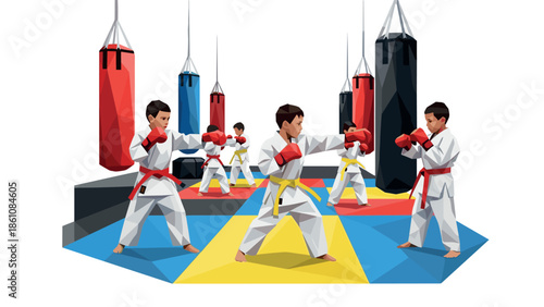 Karate practice session in low poly style with kids in action on colorful mats