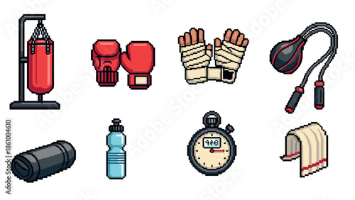 Pixel art boxing equipment set: gloves, punching bag, stopwatch, and more