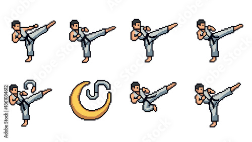 Pixel art martial arts character in dynamic kick animation sequence