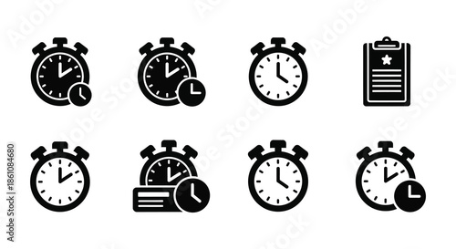 Collection of various black clock and time management icons presented in a simple silhouette