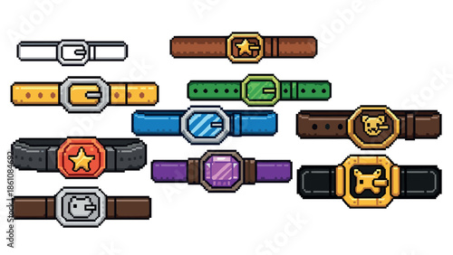 Retro pixel art belts with gemstones and star buckles