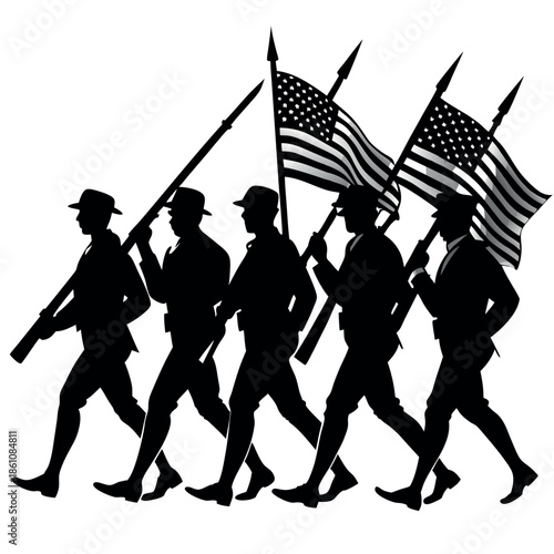 Black silhouette of a group-of veterans marching 