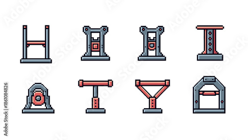 Pixel art industrial equipment icons for gaming and design projects