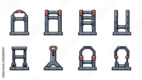 Minimalist isometric medieval guillotine icons with modern pixel art style