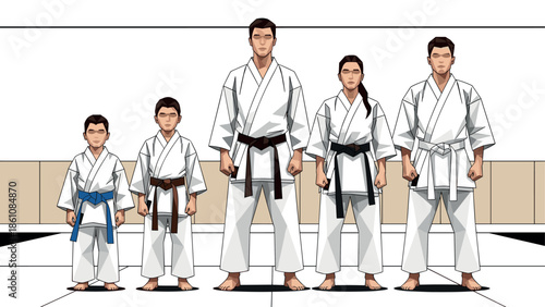 Karate practitioners in traditional gis at different belt levels in martial arts dojo